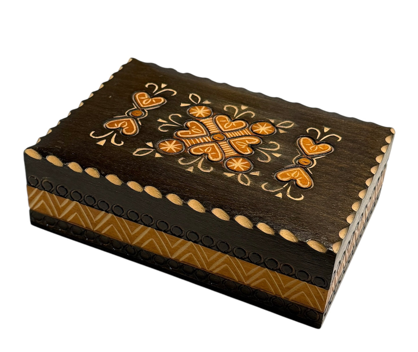 Wood Storage Trinket Box with Heart Motif Handcrafted In Poland