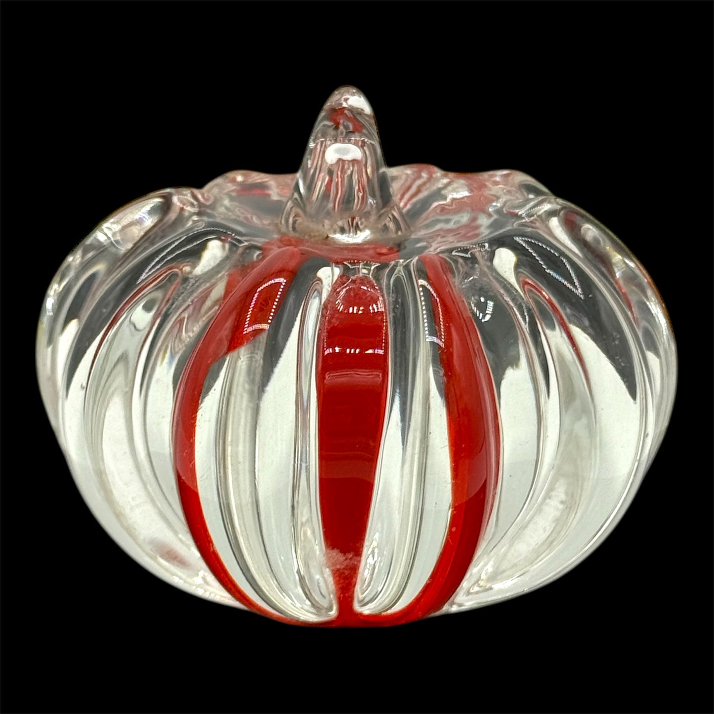 Art Glass Pumpkin Paperweight Red & Clear HEAVY Hand Blown
