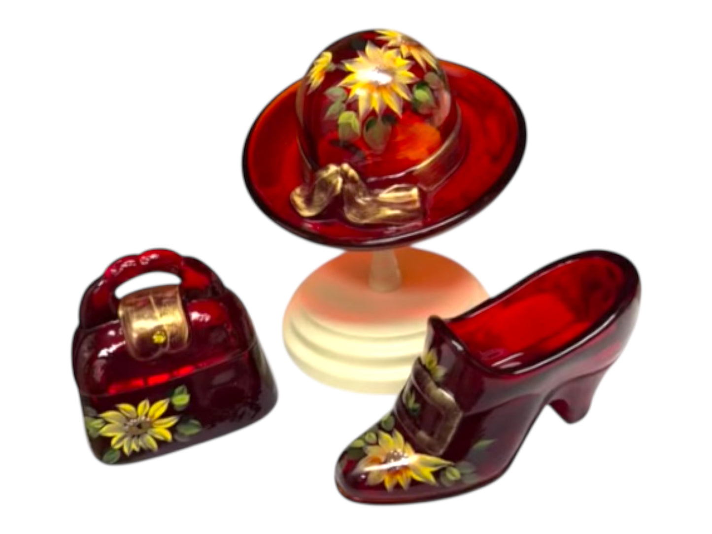 FENTON HAT, PURSE, SLIPPER SET OF 3 SUNFLOWER RUBY NUMBERED & SIGNED 273/750