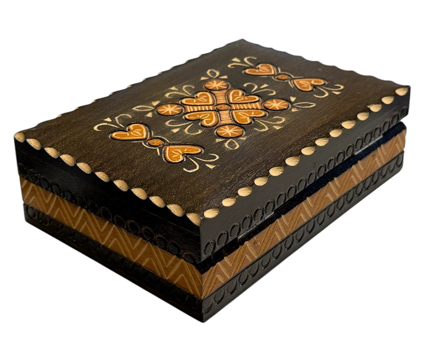 Wood Storage Trinket Box with Heart Motif Handcrafted Poland