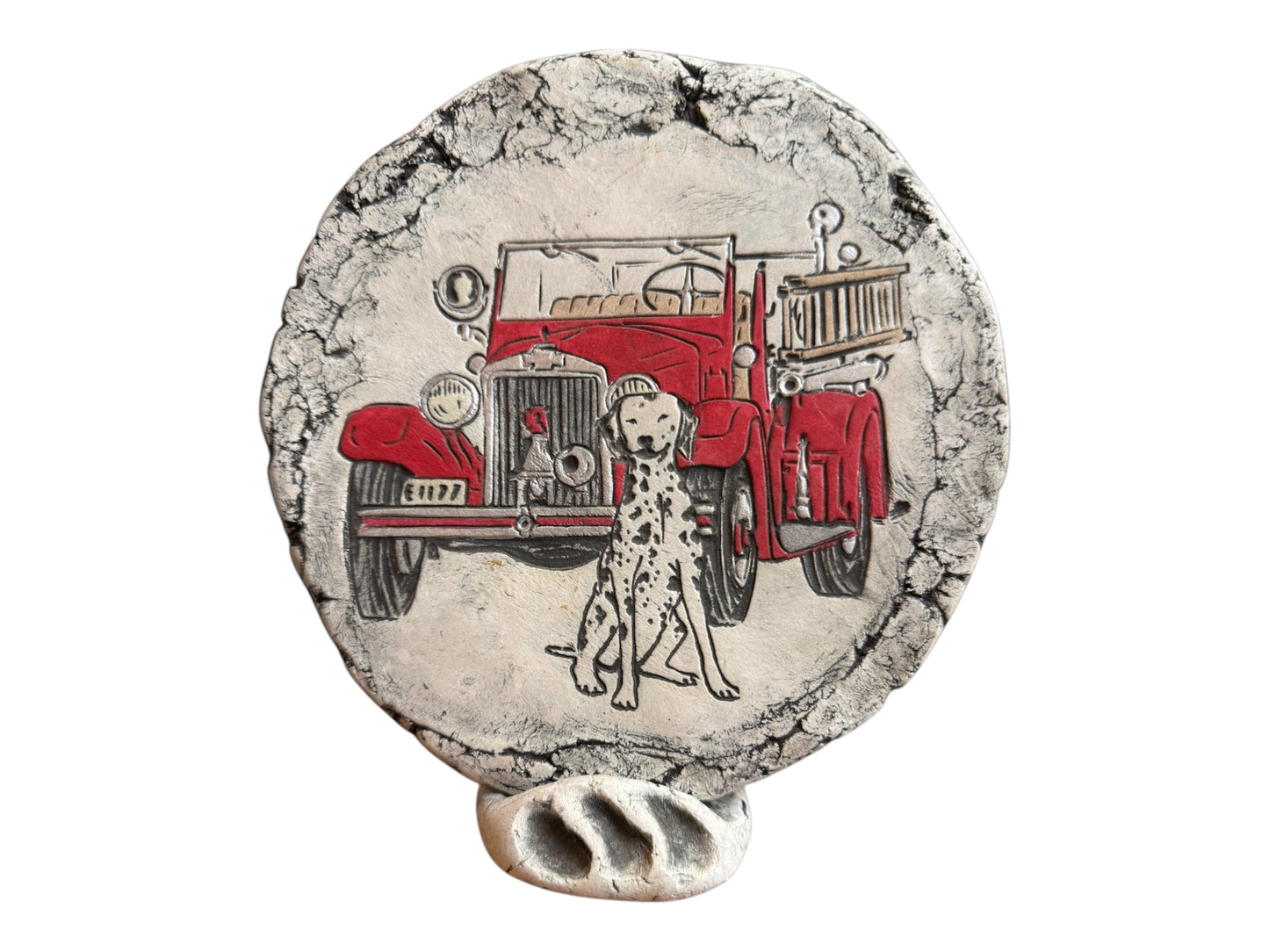 Fire Truck & Dalmatian Plaque w/stand Shapes Of Clay by Stan Mt St Helens Ash