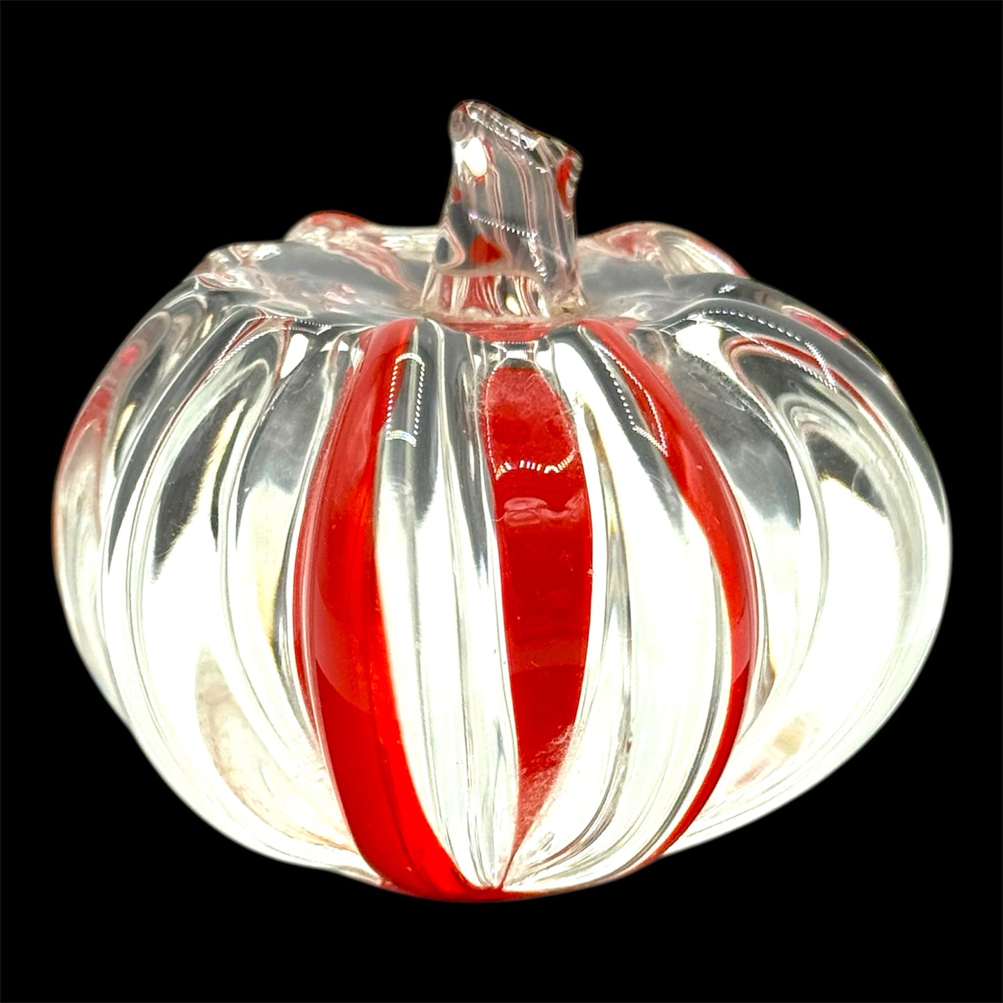 Art Glass Pumpkin Paperweight Red & Clear HEAVY Hand Blown