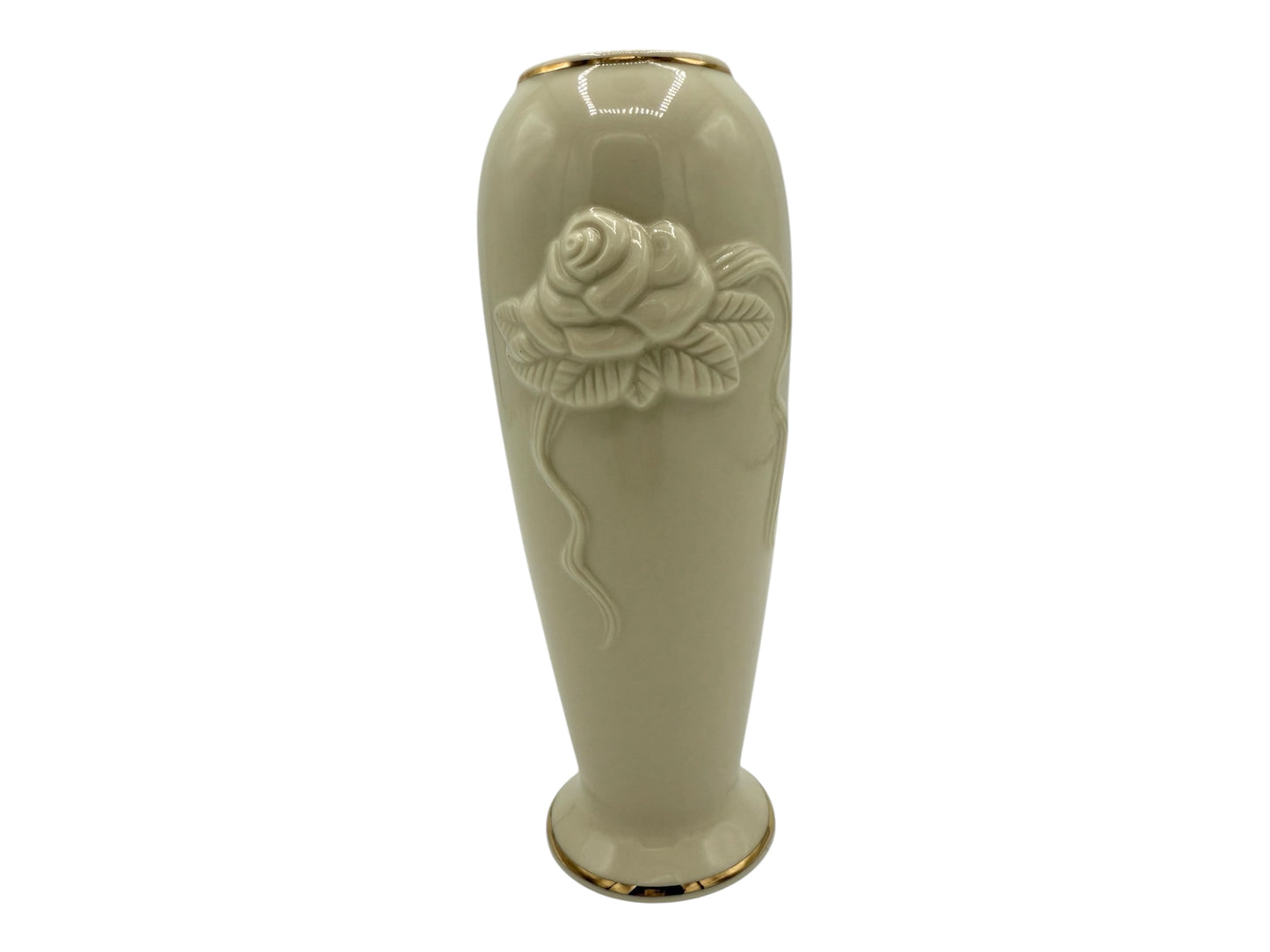 Lenox Ivory Embossed Rose Blossom Gold Trim Handcrafted Malaysia Vase 7 1/4”Tall