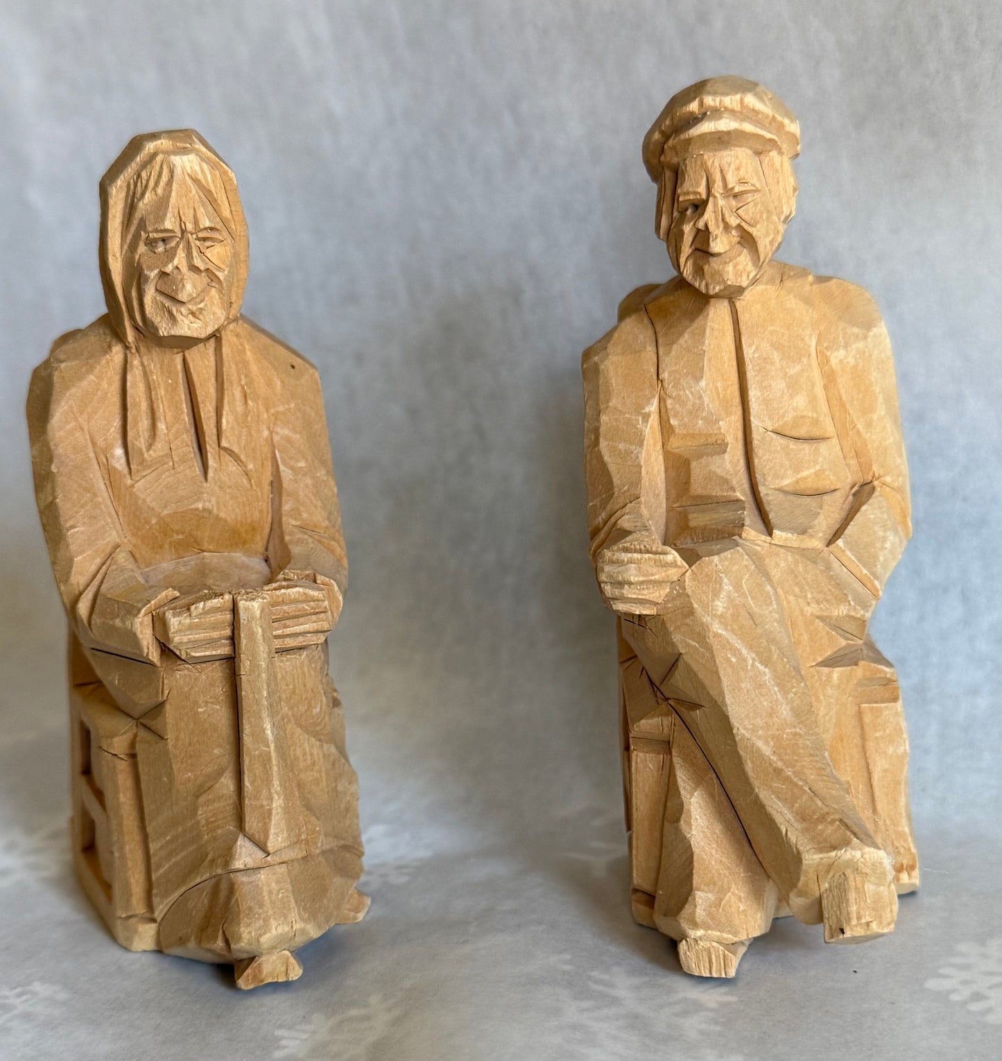 Handcarved Wooden Old Man and Woman Sitting In Chairs Figures Folk Art Quebec