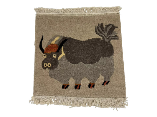 Tibetan Yak Meditation Carpet 100% Wool w Fringe Trim Hand Woven Nepal 16"x18"