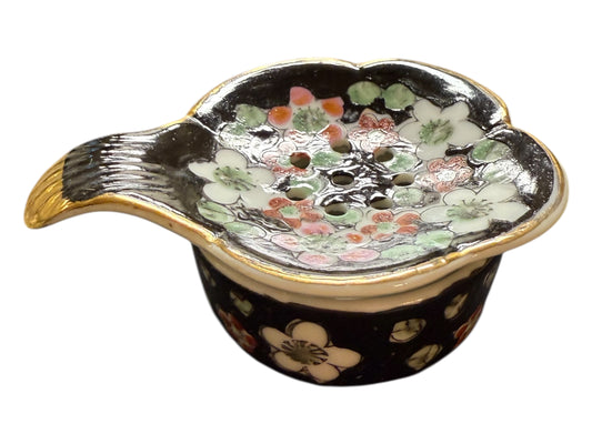 Vintage 2 Piece Black Floral Porcelain Tea Bag Holder Strainer w/ Saucer Japan