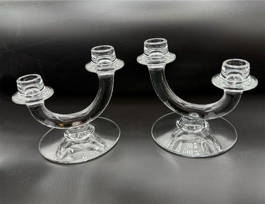 Vintage Fostoria Double Candelabra For Taper Candles Clear Glass Pair MCM