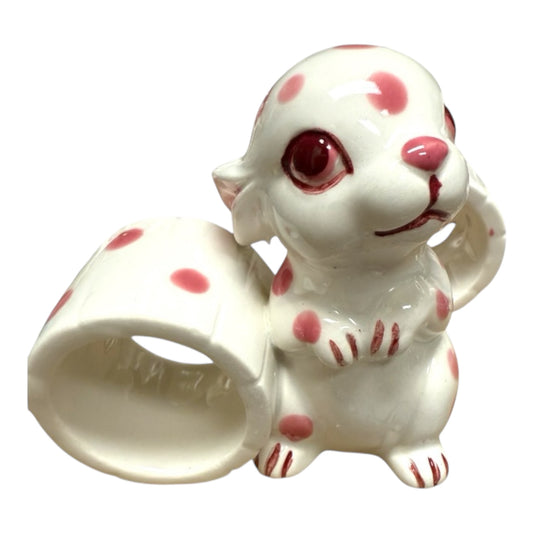 Pink Polka Dot Bunny 4 Napkin Rings Schmid Japan Hand Painted Collectable 1950’s