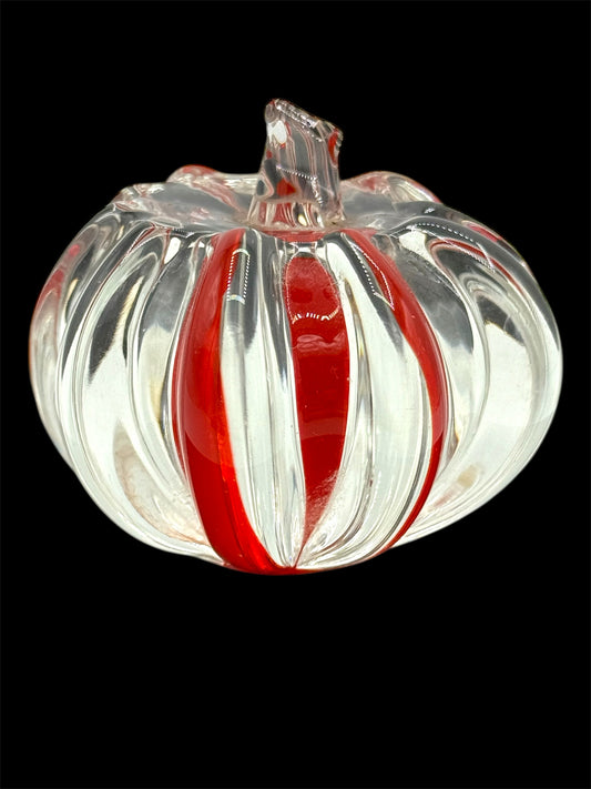 Art Glass Pumpkin Paperweight Red & Clear HEAVY Hand Blown