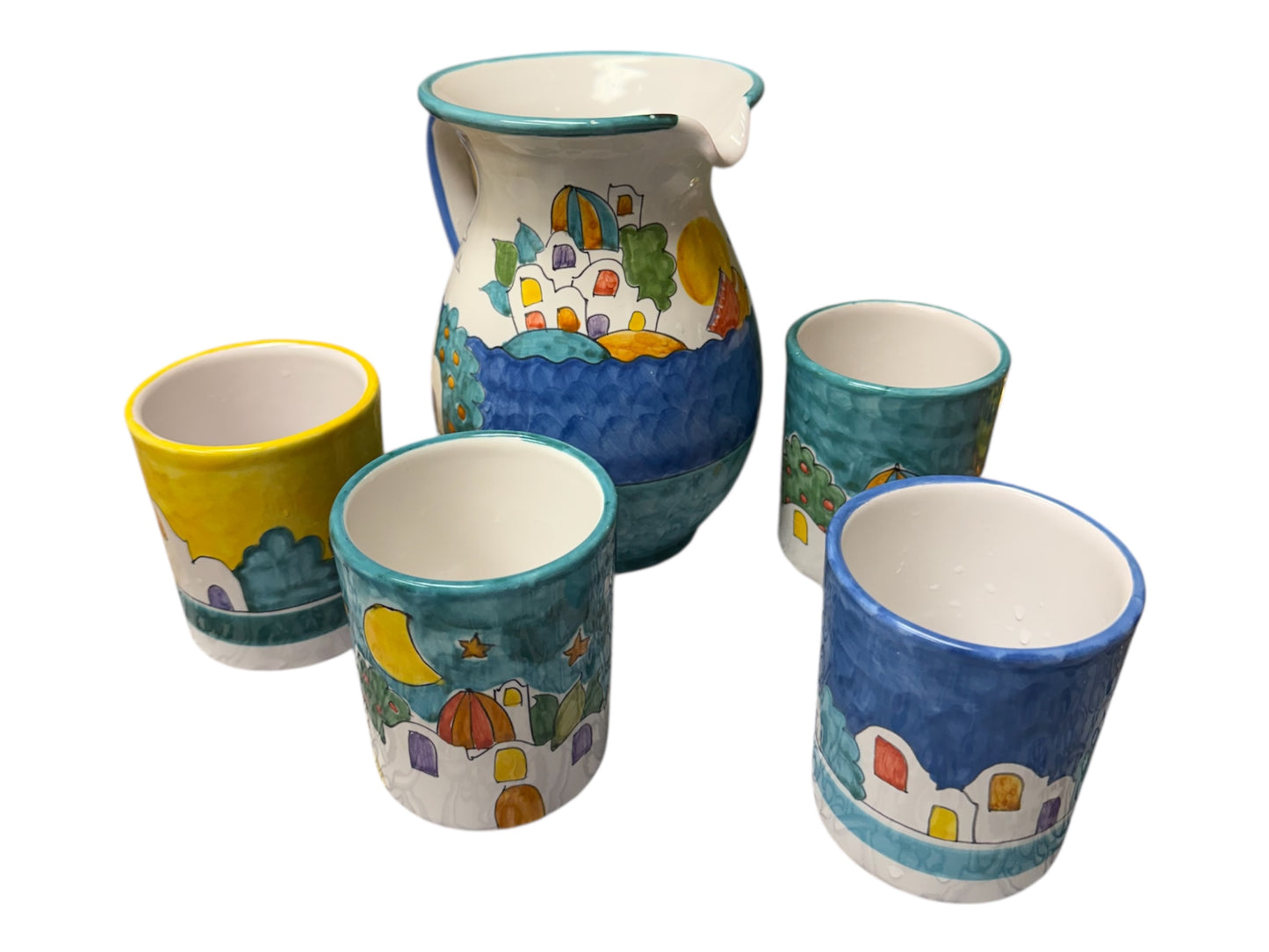 Daedalus Vietri Italy Pitcher Hand Painted 7”  With 4 Cups Set