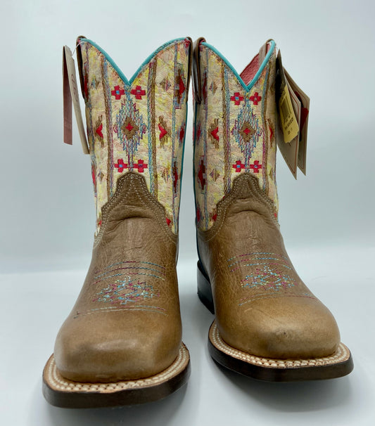 Roper Girl's Arizona Tan Leather and Aztec Square Toe Cowgirl Boots  Size 11 NWT