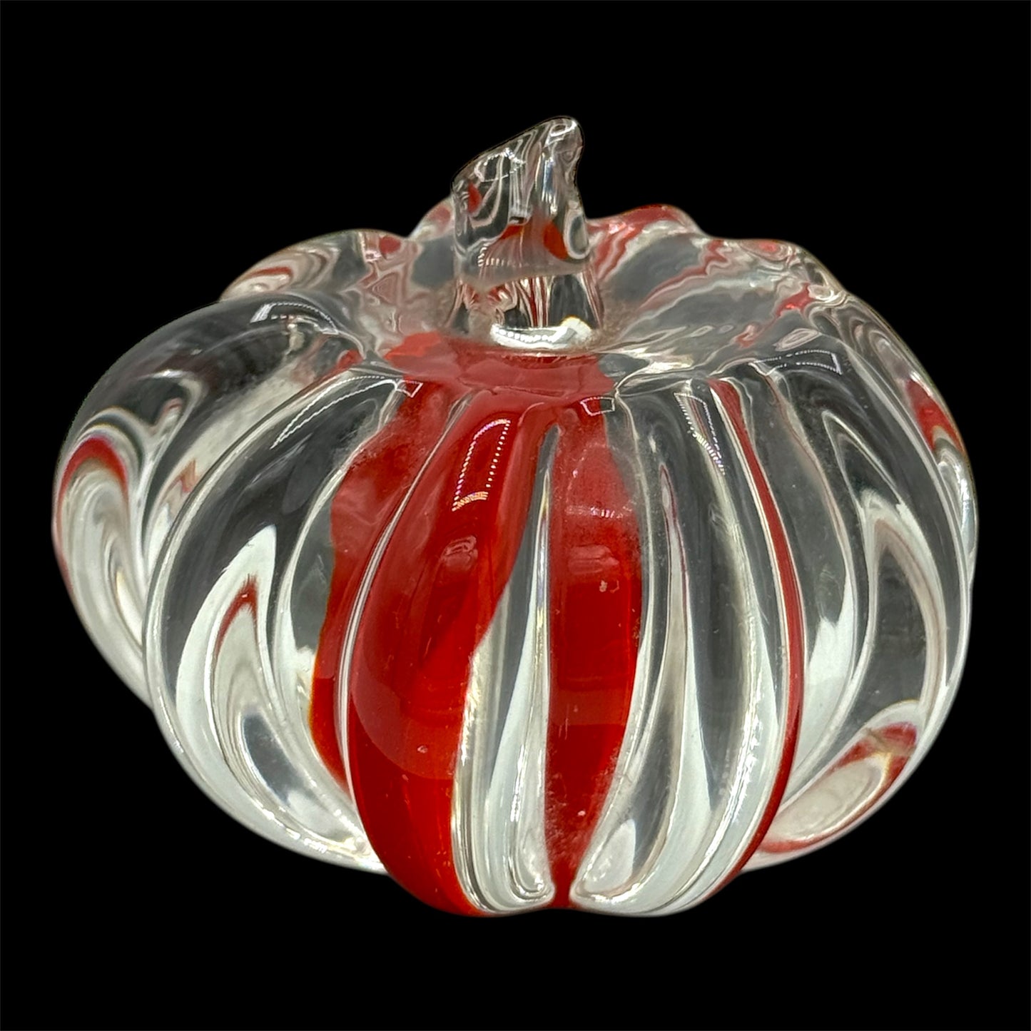 Art Glass Pumpkin Paperweight Red & Clear HEAVY Hand Blown