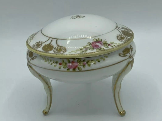 Nippon Vanity Powder Trinket Dish w/ Lid 3 Footed Hand Painted Gold Gild Vintage