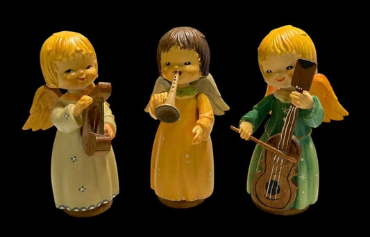 Anri Toriart Set Of 3 Music Angels Italy Vintage Wooden hand carved and painted