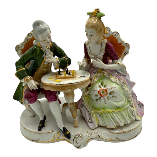 Porcelain Couple Playing Chess Hand Painted Figure Japan Circa 1940’s