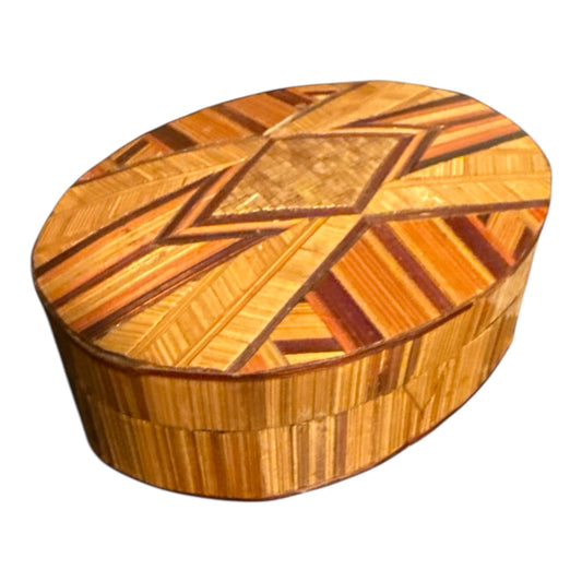 Vintage Straw Work Trinket Box fabric lined Interior