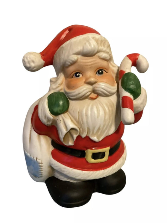 Santa With Candy Cane & Bag Ceramic Coin Bank  with Stopper Homco 5101 Vintage
